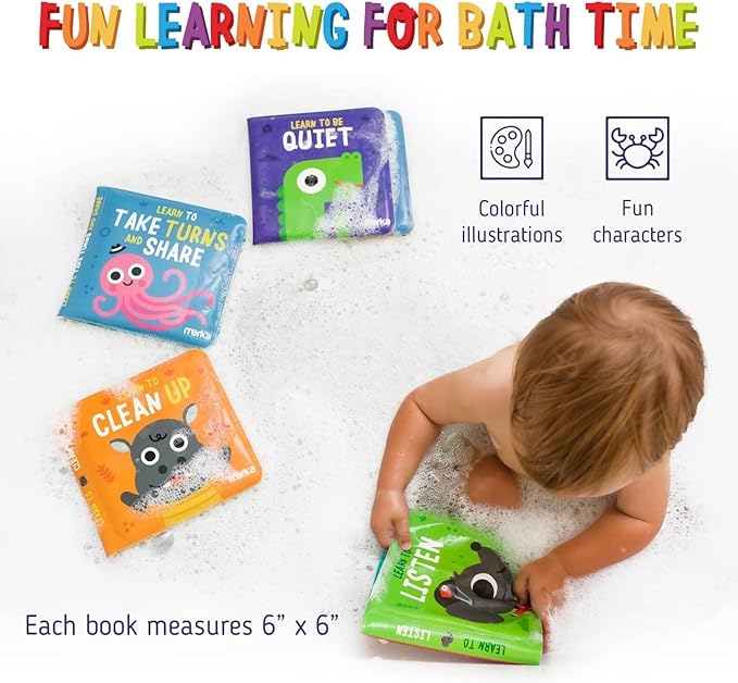 merka Baby Bath Books for Toddlers, 4 Pack Waterproof Bathtime Books, Bath Toys Floatable in Bathtub, Learn Take Turns, Clean Up, Listen, Quiet