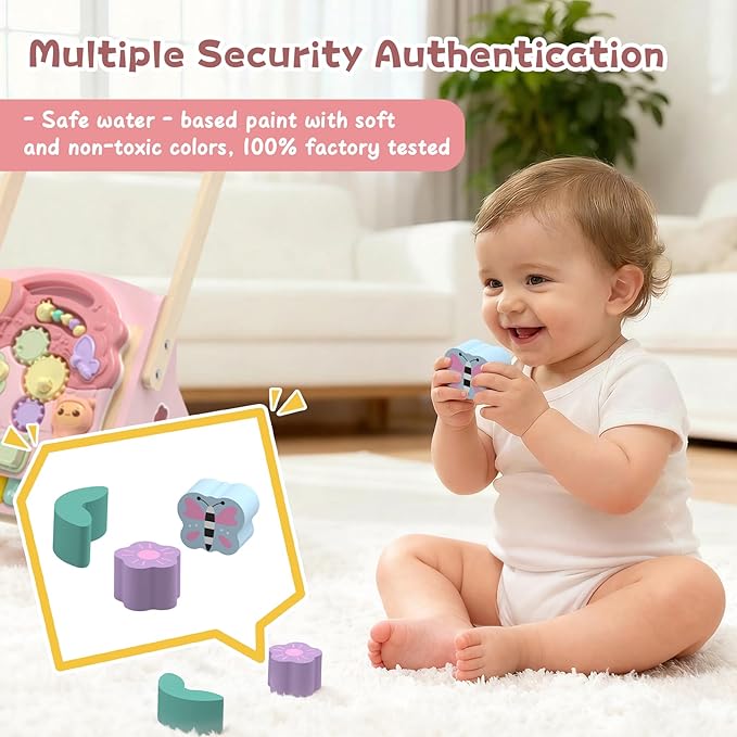 2 in 1 Wooden Baby Walker and Activity Center for Girls Boys Sit-to-Stand Learning Toy Kids Montessori Educational Push Toys with Music Detachable Busy Keyboard for Toddlers