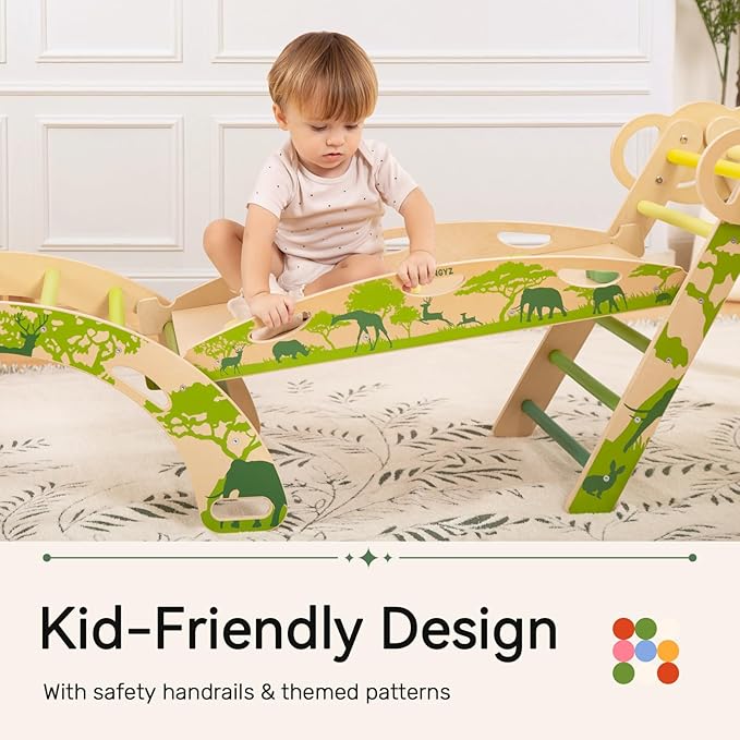 WINGYZ Pikler Triangle Set, Montessori Foldable 8-in-1 Jungle Gym with Reversible Animal Slide, Patent-Protected Climbing Set, Safe 2.35" Gap ASTM F963 Standards for Toddlers 18 Months-7 Years (Green)