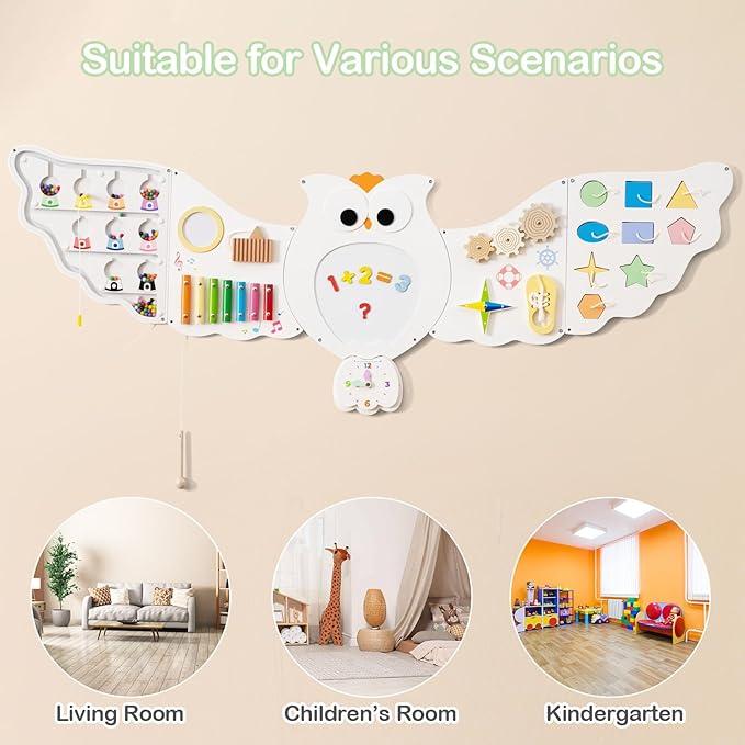 Olakids Owl Sensory Wall, 11 in 1 Wooden Montessori Busy Board Panel with Magnetic Whiteborad Mirror 26 Accessories, Toddler Wall Mounted Activity Center Educational Toys Learning Gift (White Owl)