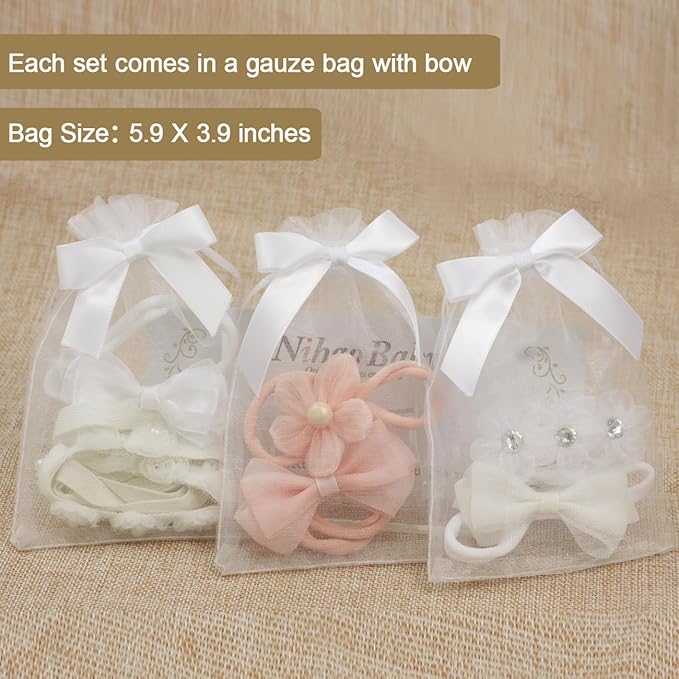 Handmade White Pearl Newborn Headband Baby Girl White Bow HairBand Baptism Headbands Set