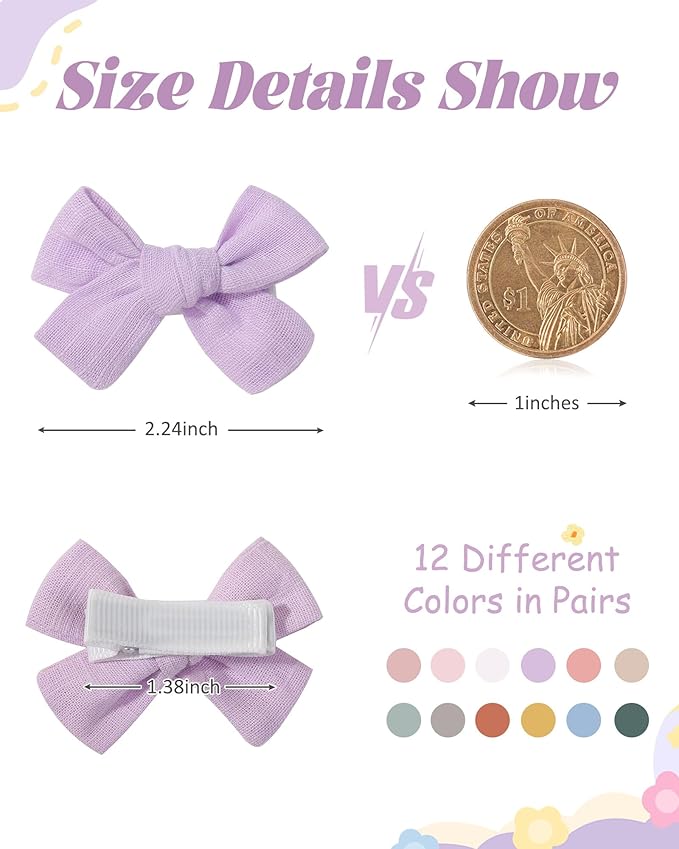 jollybows Mini Lined Hair Clips Bows for Babies, Infants, Toddlers, Girls and Teens - 24pcs 2" Tiny Barrettes