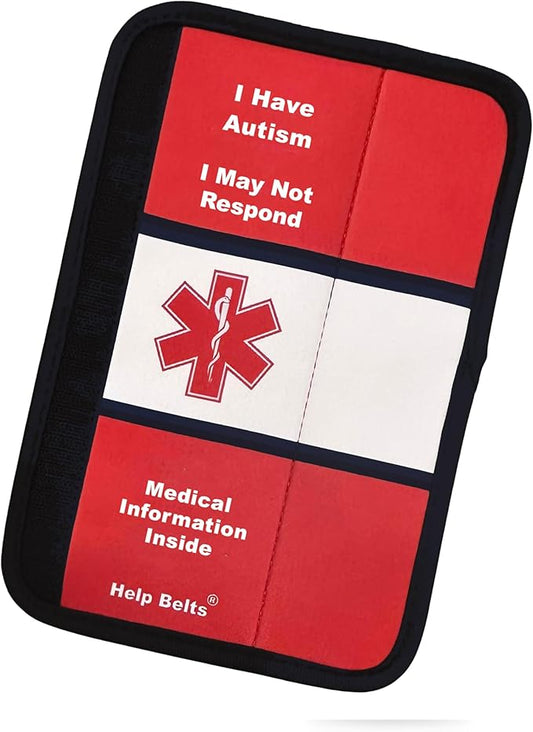 Autism/May Not Respond Awareness Medical Alert Seatbelt Cover for Kids and Adults with Emergency Information Form and Pocket by Help Belts (Red, 9 Inch Full)