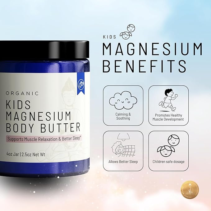 Organic Kids Magnesium Whipped Body Butter, 4 oz Jar 2.5 Net Wt, Magnesium Chloride, Unscented Formula Safe for Infants to Teens, Supports Muscle Relaxation & Restful Sleep, All-Natural Ingredients