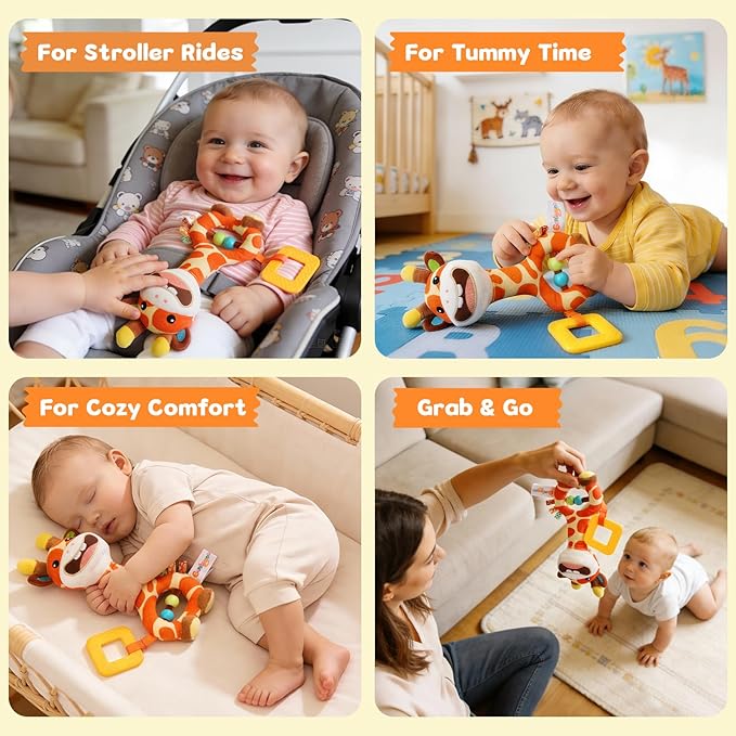 Baby Toy 0-12 Months - BPA-Free Soft Plush Sensory Toy with Gentle Squeaker, Safe Hand Grip & Teething Relief, Portable Newborn Toy for Diaper Bag, Baby Shower Gift (Orange Giraffe)