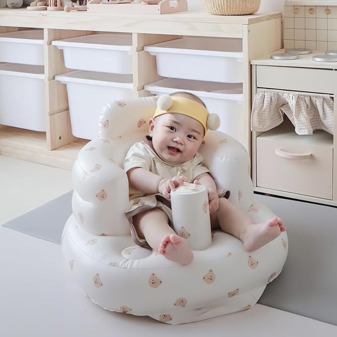 EKEPE Baby Inflatable Seat with Suction Cups for Babies 3 Months & Up, Baby Floor Seats for Sitting Up with Built in Air Pump, Blow Up Baby Chair for Infants - Bear Head
