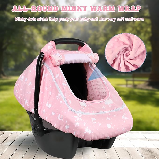 Baby Car Seat Cover for Girls, Infant CarSeat Covers with Mesh Man Fai Sky, Multi-Functional Newborn Canopy Breathable for Summer Winter, Windproof & Universal Fit, Flower