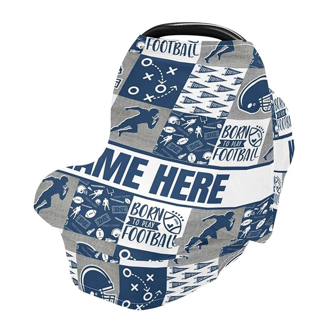Personalized Football Theme Baby Car Seat Cover for Babies with Name, Custom Rugby Sports Baby Car Seats Canopy for Boys, Nursing Breastfeeding Stroller Covers Infant Car Seat Blanket for Newborn