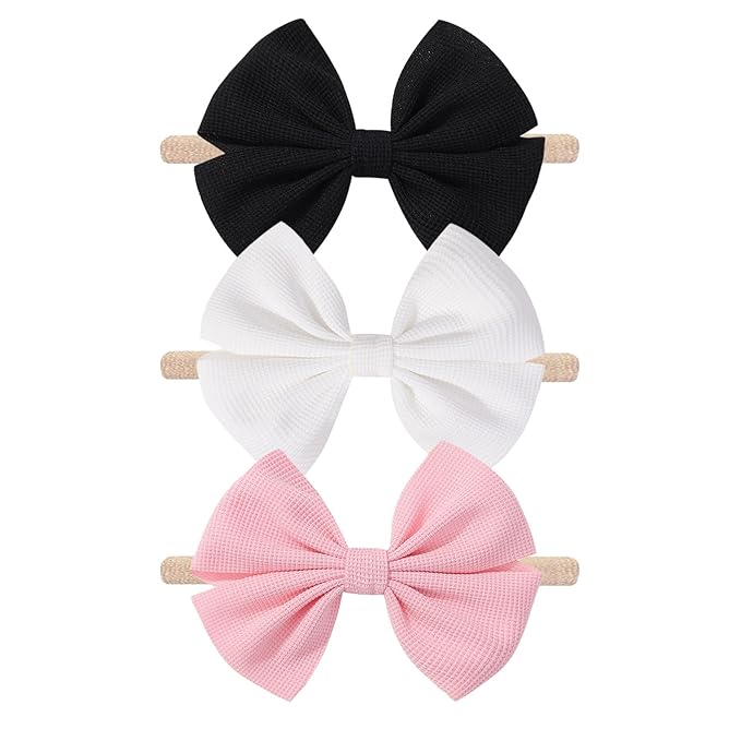 3Pcs Black Baby Girls Bows Elastic Nylon Headbands Toddler Girs Pink Hair Bows White Handmade Bows Hair Accessories Newborn Bows for InfantToddlers Kids