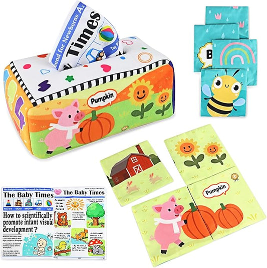 KUANGO Baby Toys 6-12 Months Tissue Box Toy, Soft Crinkle Stuffed Montessori Toys for 6 7 8 9 10 Month Old Infant Sensory Newborn Toys Baby Boys Girls Gifts