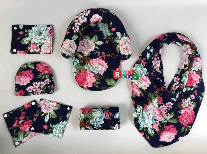 9pc Baby Girl Ultimate Set of Infant Car Seat Cover Canopy Headrest Blanket Hat Nursing Scarf, 06JE02
