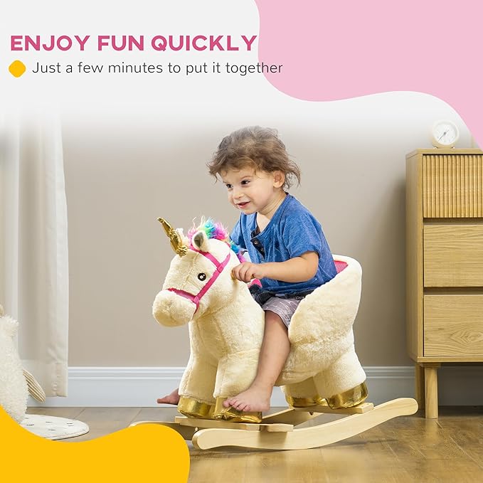 Qaba Kids Rocking Horse, Ride on Unicorn with Realistic Sounds, Safety Belt & Wooden Base, Plush Animal Rocker for Toddlers 18-36 Months, Cream White