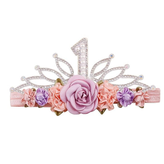cherrboll Flower Headband Birthday Crown for Girl, Floral Nylon Hairband for 1-3 Years Old Toddler, First 1st Birthday Party Dress Photo Decoration Hair Accessory