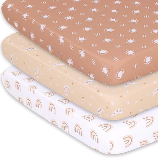 The Peanutshell 3-Pack Fitted Playard Sheets - Soft & Breathable Baby Boy or Girl Mini Crib Sheets, Pack N Play Mattress, Fits Standard Playard Pack Play Mattresses - Boho