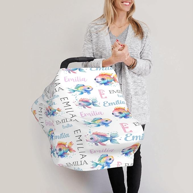 Personalized Baby Car Seat Cover with Name Stroller Canopy Custom Rainbow Fish Carseat Cover Newborn Baby Boy Girl Nursing Cover for Moms First Birthday Gift