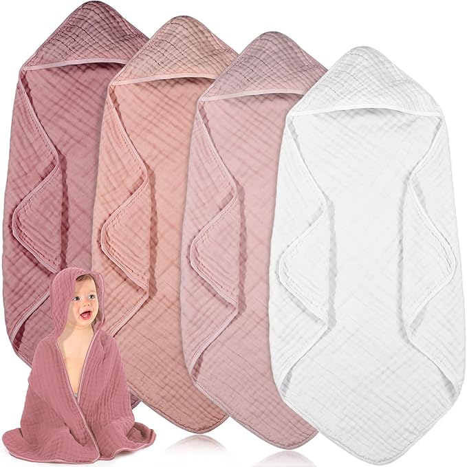 Peryiter 4 Pcs Muslin Hooded Baby Towels 32 x 32 Inch Cotton Newborn Bath Essentials Muslin Infant Blankets Absorbent Registry Gifts for Girl Boy Kids Baby Shower (Light Pink)