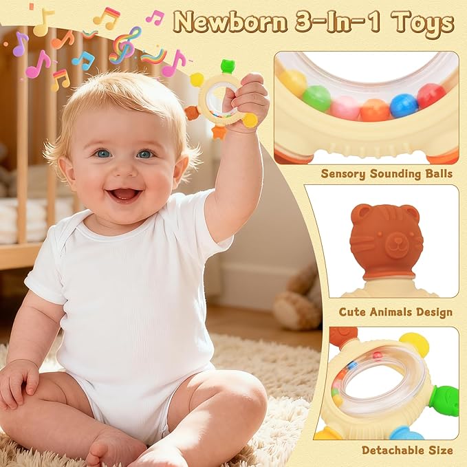Baby Teething Rings Rattle Toys for 0-6 Months Baby Silicone Teether Relief Sooth Chew for Babies 0 3 6 9 12 Months Newborn Essentials Sensory Colorful Animal Teething Ring Infant Gift