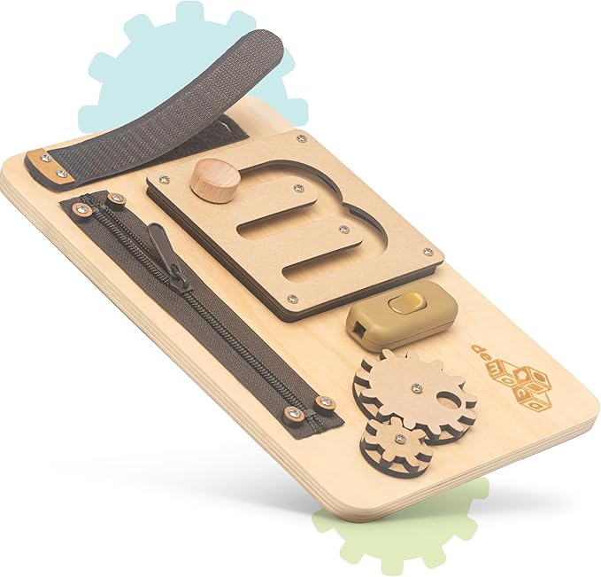 deMoca Sensory Busy Board for 1 Year Old, Travel Wooden Montessori Busy Board for Toddlers 1–3, Switch and Fidget Activity Board for Early Motor Skills and Travel Play