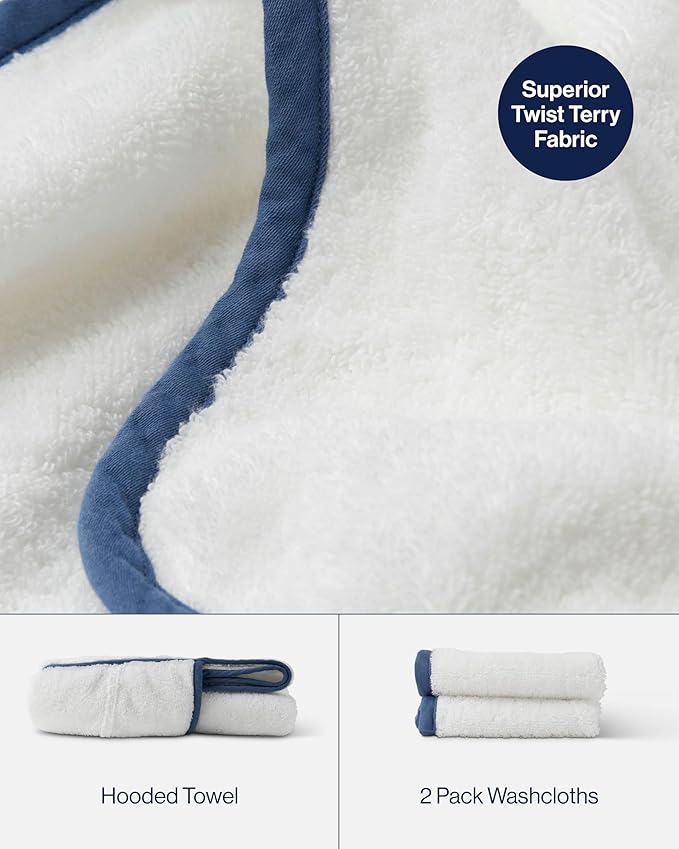 Lalo The Hooded Towel & Washcloth Set, 100% Organic Cotton, Soft on Sensitive Skin, Durable & Absorbent, Machine Washable, Includes One Baby Towel and Two Washcloths - Blueberry