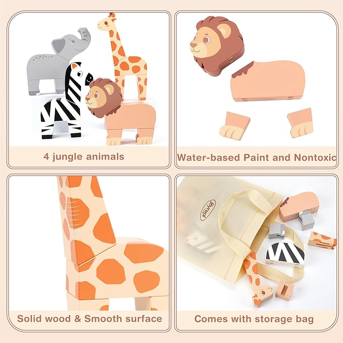Joyreal Magnetic Jungle Animals Toy Play Set, 16 Pcs Wooden Building Blocks Play Set Toy for 1 Year Old, Fine Motor Montessori Game Preschool Educational Gift for Ages 1-5
