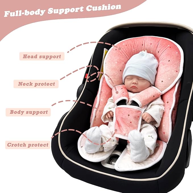 Infant Car Seat Insert, Soft Baby Car Seat Head Body for Girl Boy, Reversible Baby Carriage Pad with Strap Covers Fit Car Seat, Stroller, Bouncer, Pink Star