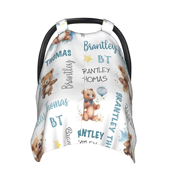 Personalized Baby Car Seat Cover Winter Custom Minky Carseat Cover Boy Girls with Name Bear Carseat Canopy Customized Car Seat Canopy Infant Carrier Covers Nursing Cover Toddler Blanket
