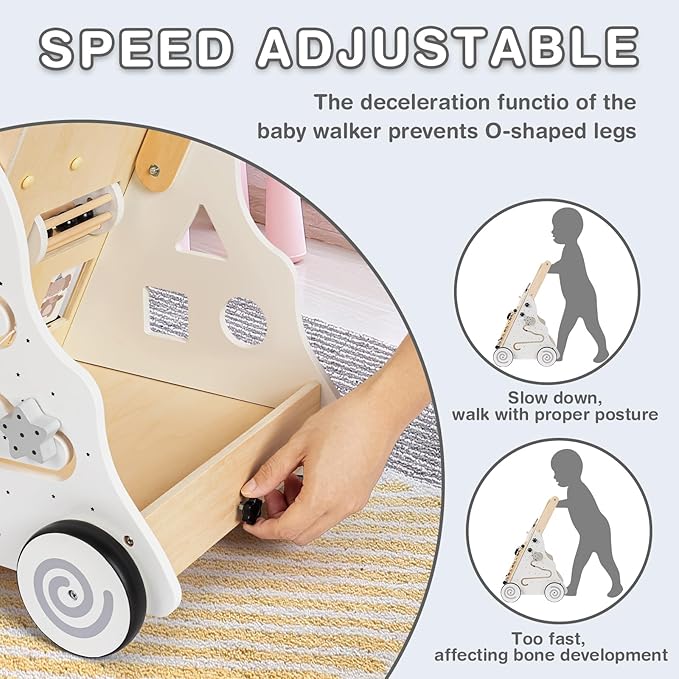 HUZU Wooden Baby Walker with Wheels, Montessori Push and Pull Activity Center for Toddlers, Adjustable Height & Speed, Learning Toy for 6-12 Months 1-3 Years Old Boys and Girls (Nature Wood)