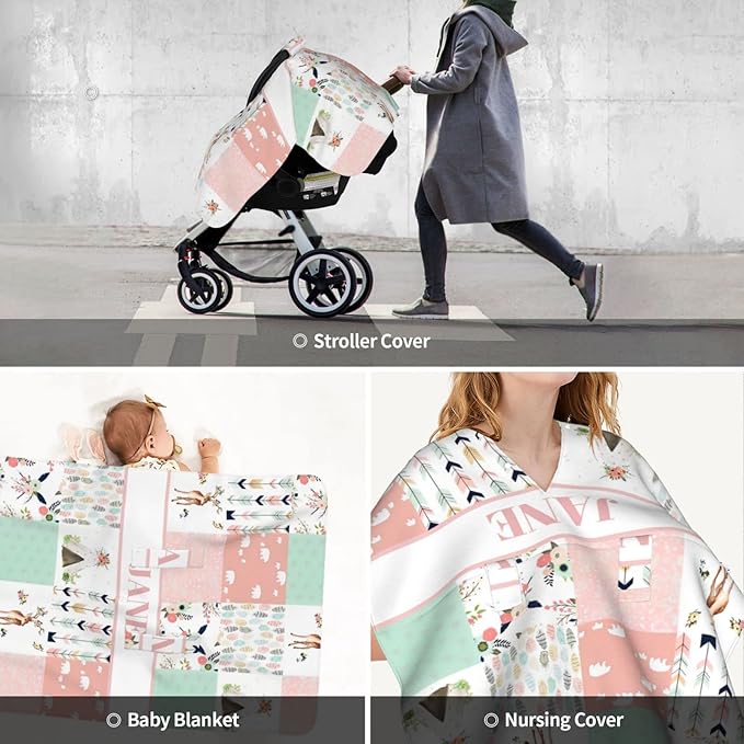 Personalized Minky Car Seat Canopy for Girl Boy, Custom Name Stroller Car Seat Covers Cover for Infant Newborn Shower Gift, Nursing Opening Carseat Cover for Breastfeeding, Woodland Deer Pink
