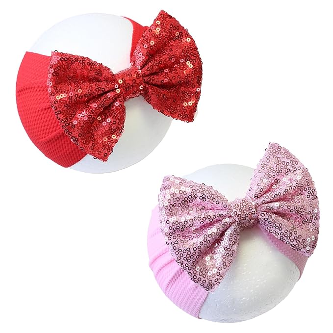 Baby Headbands, 2PCS Pink and Red Bows Polyester Hair Accessories for Baby Girls 0-6 Months, One Size Fits All, Valentine Gift