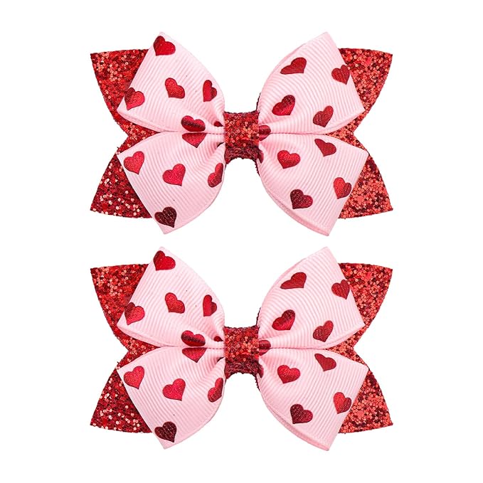 YanJie 3’’ 2Pcs Valentines Day Hair Bow Clips for Girls Pink Bows Hearts Hair Accessories for Women Glitter Hairpin Red Hair Clip