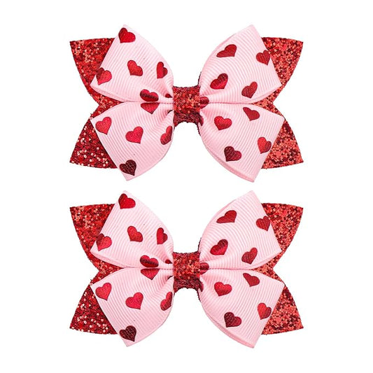 YanJie 3’’ 2Pcs Valentines Day Hair Bow Clips for Girls Pink Bows Hearts Hair Accessories for Women Glitter Hairpin Red Hair Clip