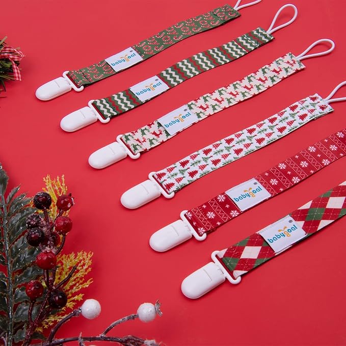 babygoal Christmas Pacifier Clips, 6 Pack Binky Paci Holder and Leash Fits for Most Pacifier, Binkies and Xmas Gift
