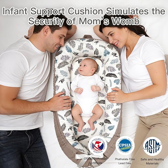 Infant Support Cushion | Baby Support Cushion for Newborn | Reversible, Adjustable & Portable Tummy Time Mat for Home and Travel | Soft, Breathable, Washable Cover | Grey Leaves