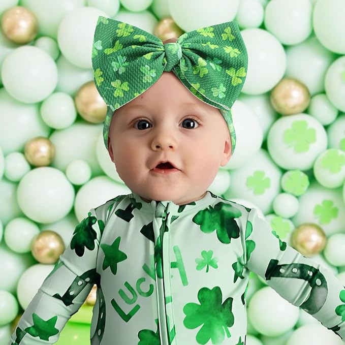 7” St Patricks Baby Girls Bows Shamrock Clover Headbands Green Leaves Tied Bows Hairbands St Patricks Day Hair Accessories Gift for Infant Baby Girls