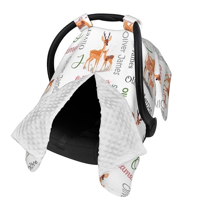 Custom Baby Car Seat Canopy Personalized Car Seat Covers with Name for Baby Boys Girls Customized Deer Nursing Breastfeeding Cover Infant Carseat Canopies Newborn Minky Baby Blanket
