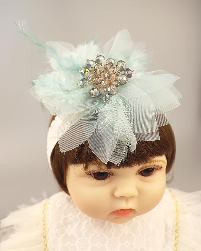 Bethynas Baby Girls Lace Feather Headband Beads Gauze Flower Elastic Toddler Hairband Birthday Party Princess Hair Accessories for Newborn Infant (Green)