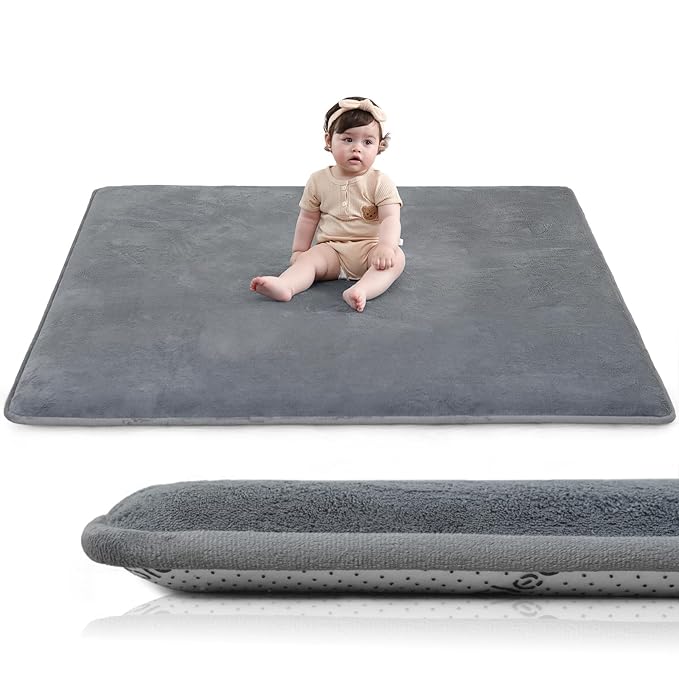 Huloo Sleep Baby Play Mat for Floor,1.3" Thick Elasti-Foam 50"×50" Playpen Mat for Tummy Time,Water Repellent Soft Coral Velvet for Toddler,Infant,Kids,Non-Slip Backing Safe for Crawling(Dark Grey)