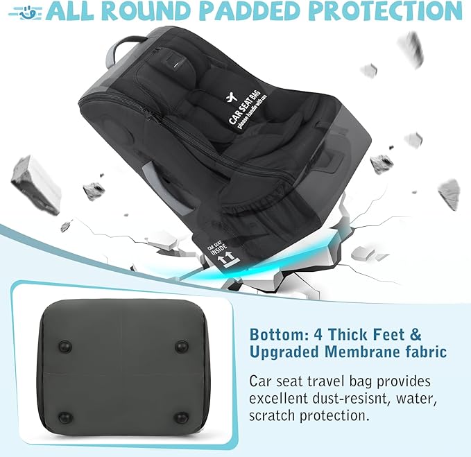 RAINSMORE Car Seat Travel Bag for Airplane Padded Car Seat Backpack Heavy-duty Car Seat Cover for Air Travel Gate Check Carseat Carrier Bags for Airport Fits Infant Carriers & Boosters