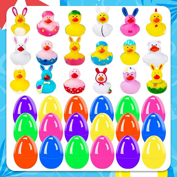 18 Pcs Prefilled Easter Eggs with Bunny Duckies,Bright Colorful Easter Eggs Filled with Rubber Duck,Squeeze Duckies Bunny Bathtub Toys for Easter Basket Stuffers,Bath Toys,Party Favors