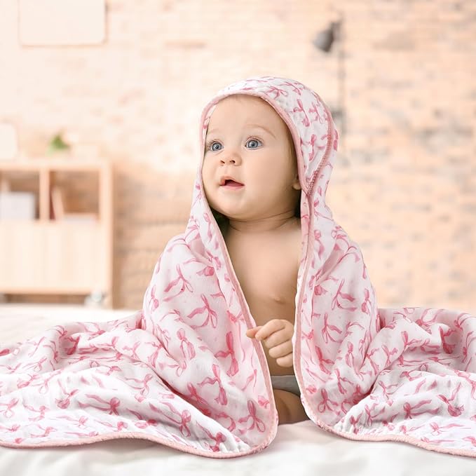 Hahafelt 2 Pcs Pink Bow Baby Hooded Towels for Newborn 100% Muslin Cotton Baby Bath Towel with Hood for Babies Infant Toddler and Kids Large 32x32inch Soft Absorbent Kids Essential Gift