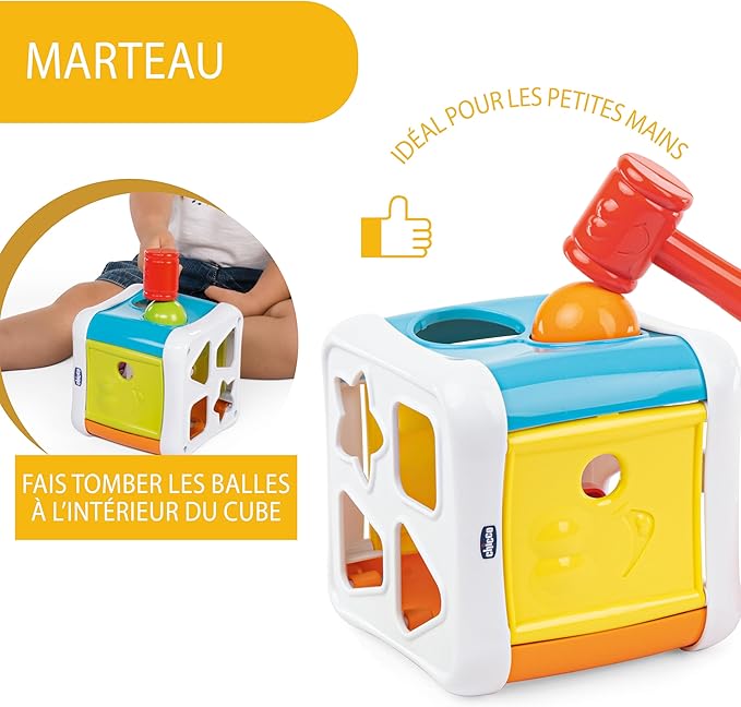Chicco Cube with Stroke and Hammer 2 in 1, Game Shapes and Rods for Children with 4 Geometric Shapes, 2 Balls and Hammer, Multifunctional Dice - Educational Game 10 Months - 3 Years