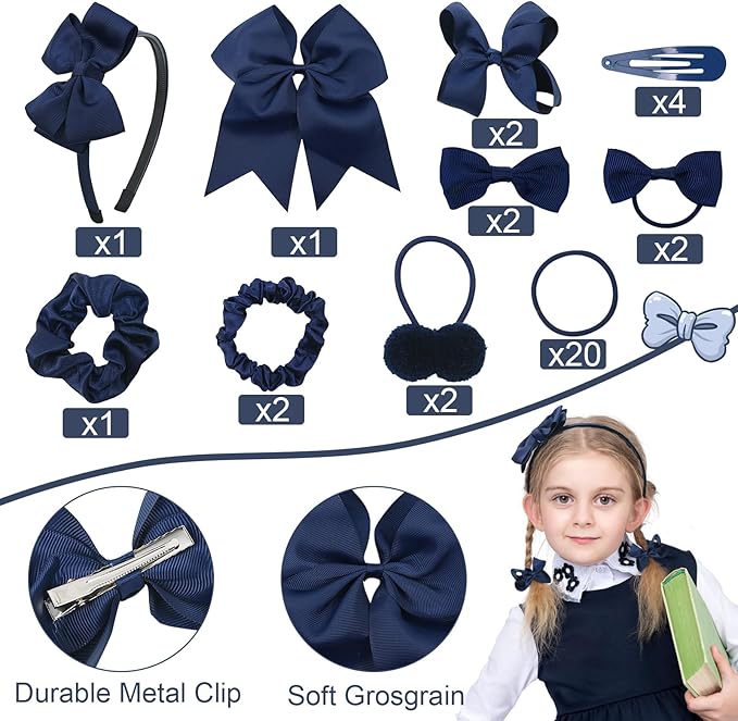 LACGO Pack of 37 School Uniform Hair Bow Accessories - Grosgrain Hair Clips Bow Headband Ribbon Alligator Ponytail Holder for Toddlers Teen Girls Uniform Party Prom Wedding(Navy Blue)