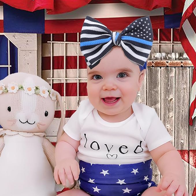 National Police Week Headbands for Girls Baby Bows Newborn Headbands 6" Police Support Wreath Bows Blue Black Stripe Toddler Hair Accessories