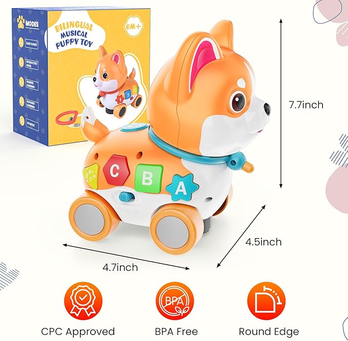 Musical Toys for 6 Month - 3 Year Old Boy Girl, Baby Toys Bilingual Educational with Music Light, Crawling & Walking Puppy for Birthday (Orange)