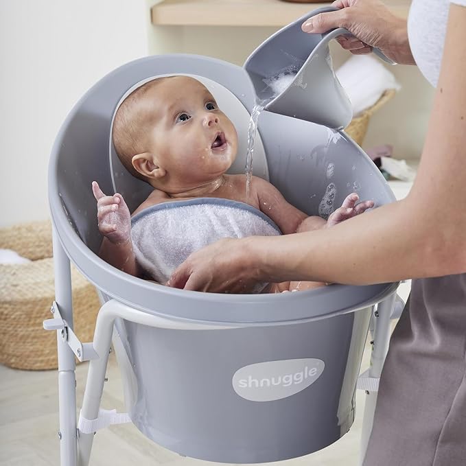 Shnuggle Newborn Bath Essentials Bundle | Baby Bath with Support Bump and Soft Backrest & Rinse Jug | Safe, Gentle, and Stylish Bathtime Set for Babies & Toddlers | Pebble Grey