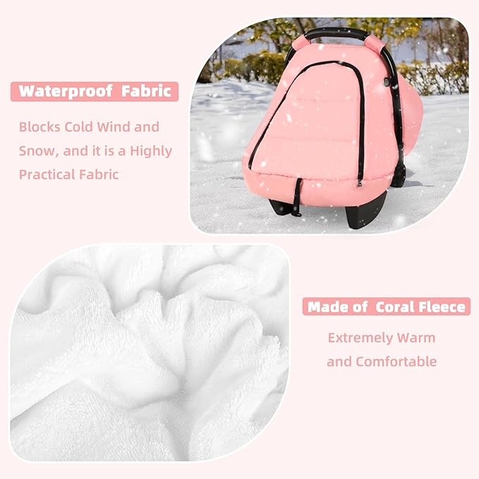 SWESEN Winter Car Seat Covers for Babies, Cozy & Warm Cover, Infant Car Seat Canopy Water Resistant, Universal Cold Weather Shield, Pink