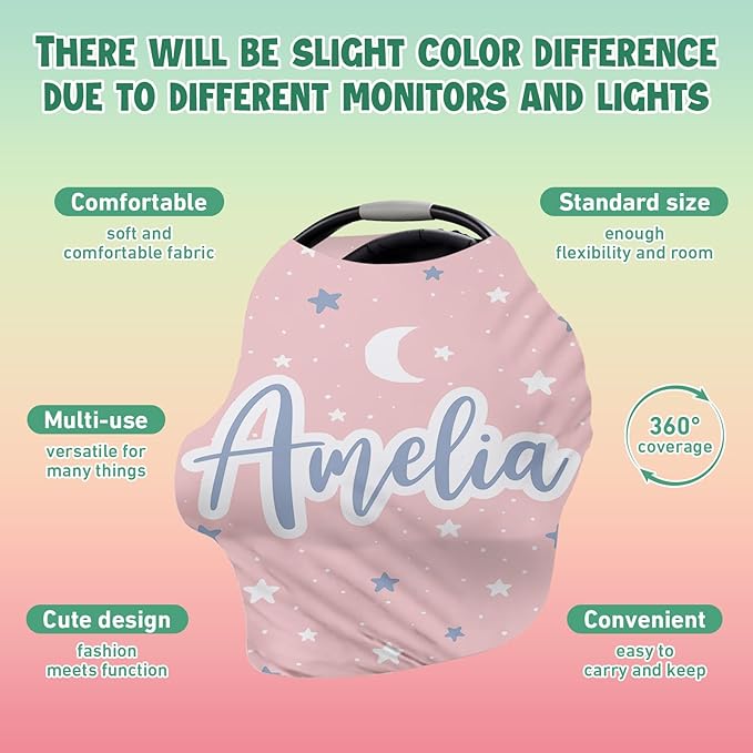 Custom Car Seat Covers for Babies - Breathable Baby Car Seat Cover for Girls Boys, Pink Moon Kick-Proof Newborn Carrier Canopy Stretchy Stroller Cover for 4 Seasons