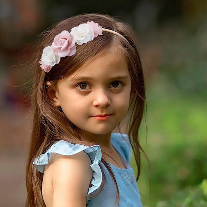 cherrboll Baby Girl Nylon Headbands, 3Pcs Handmade Floral Hair Bows, Stretchy Flower Hairbands for Newborns Infants Toddlers