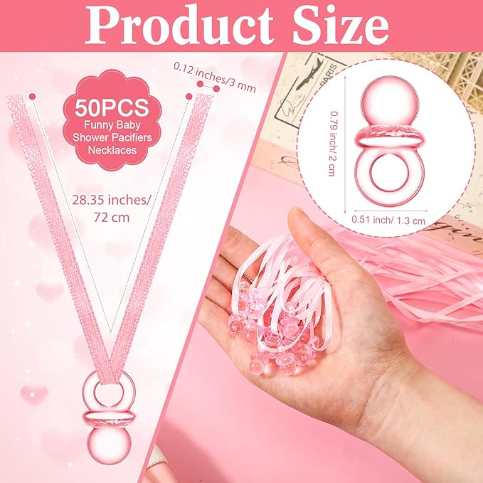 Geetery 51 Pcs Don't Say Baby Game Sign Cool Baby Shower Game 50 Pacifier Necklace Wooden Don't Say Sign Plastic Pacifier Party Favor for Gender Reveal(Floral,Pink)
