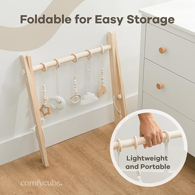 Comfy Cubs Wooden Baby Play Gym - Natural Finish Pinewood Baby Activity Gym with 5 Sensory Hanging Toys - Easy No-Tool Assembly, Safe and Durable for Infant Motor and Visual Development - Natural Wood